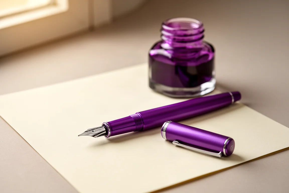 Fountain pen laid flat beside writing paper and a bottle of violet ink