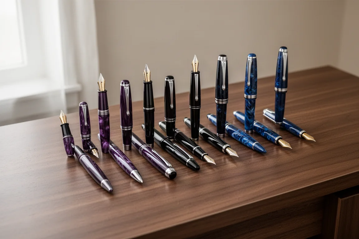 Fountain pen collection arranged on a desk for size comparison