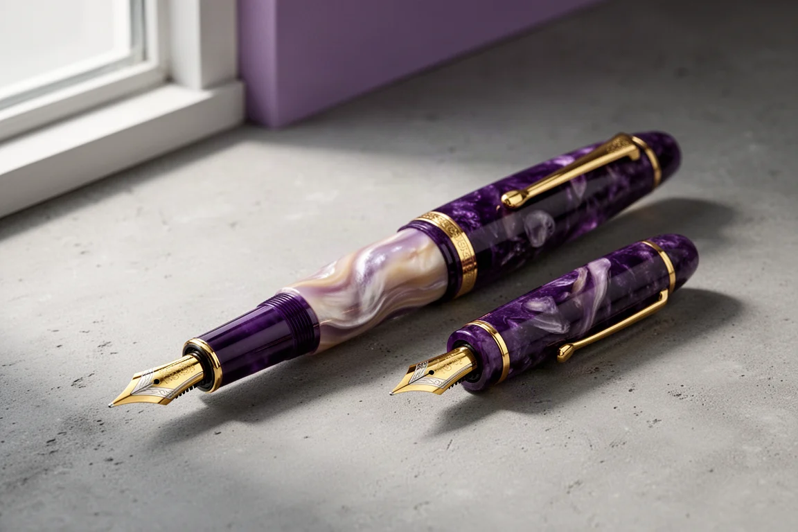Amethyst purple Italian fountain pen with gold nib on concrete surface