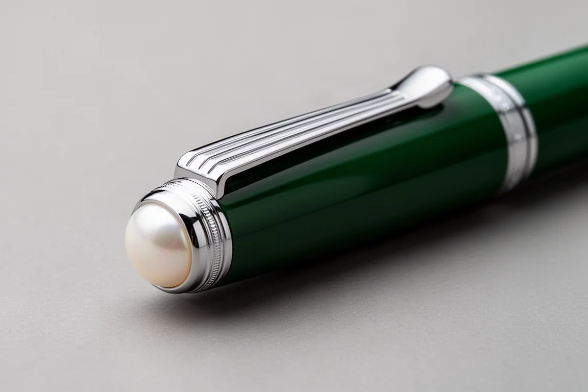 Racing green lacquer fountain pen cap showing chrome clip and pearl-style finial