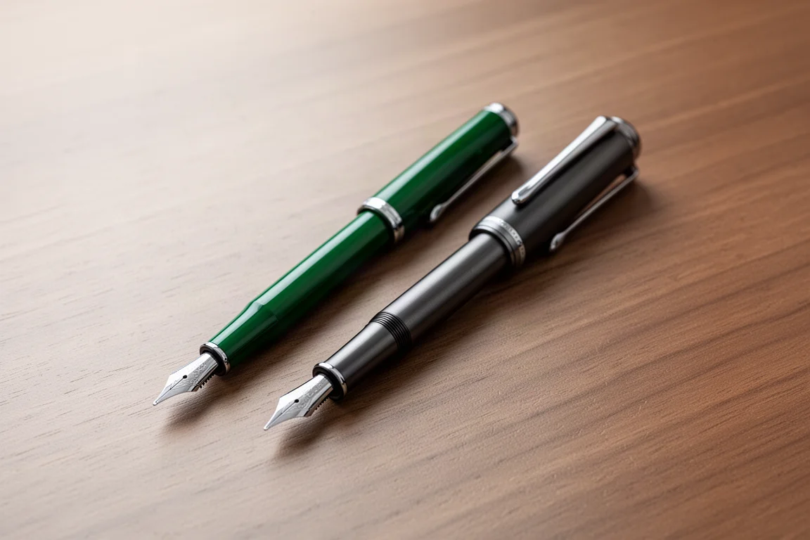 Fountain pen next to a slimmer everyday metal pen for size comparison