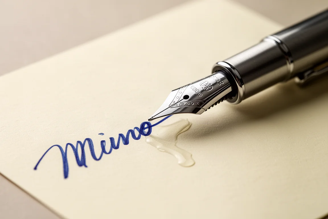 Medium steel nib writing smooth blue ink lines on textured paper