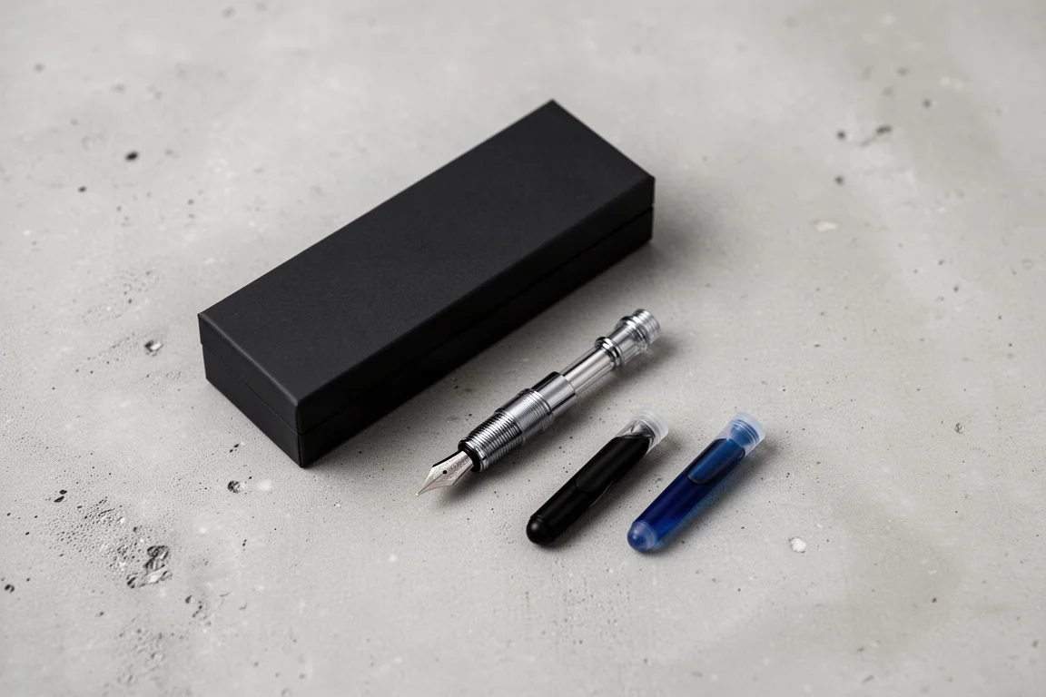 Open pen box with converter and two ink cartridges laid out on a desk