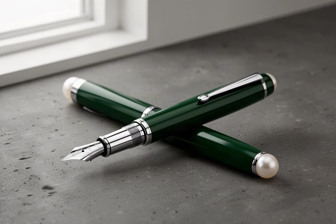 British racing green lacquer fountain pen with chrome trim on a grey surface