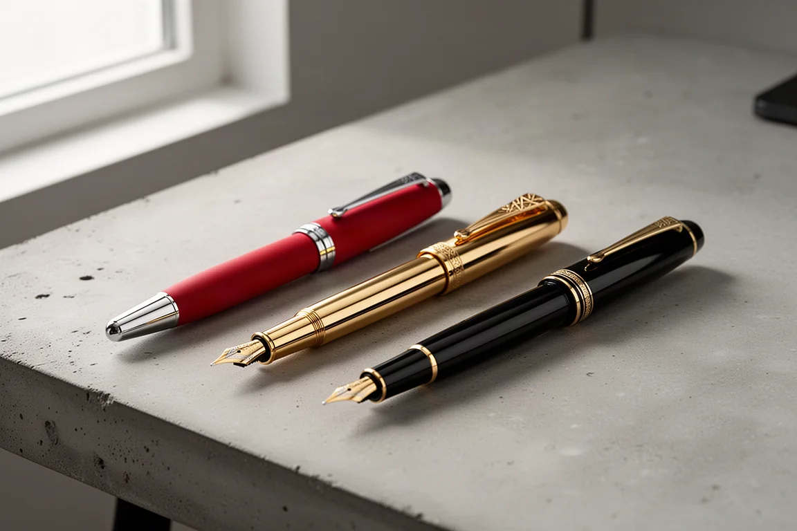Three Scrier fountain pens in matte red, gold and black lacquer on a concrete surface