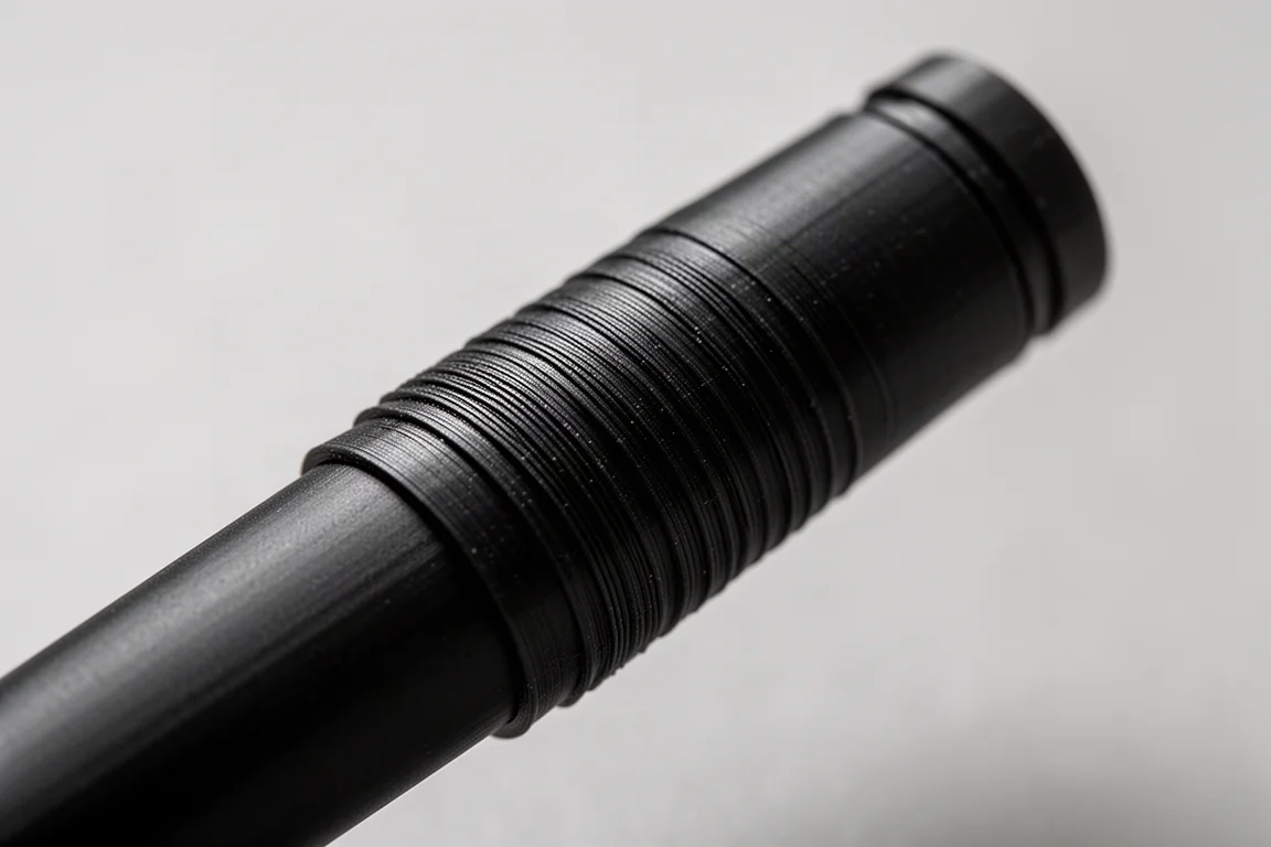 Primo piano della texture scanalata di capicoppaggio e fusto di una penna stilografica nera stampata in 3D