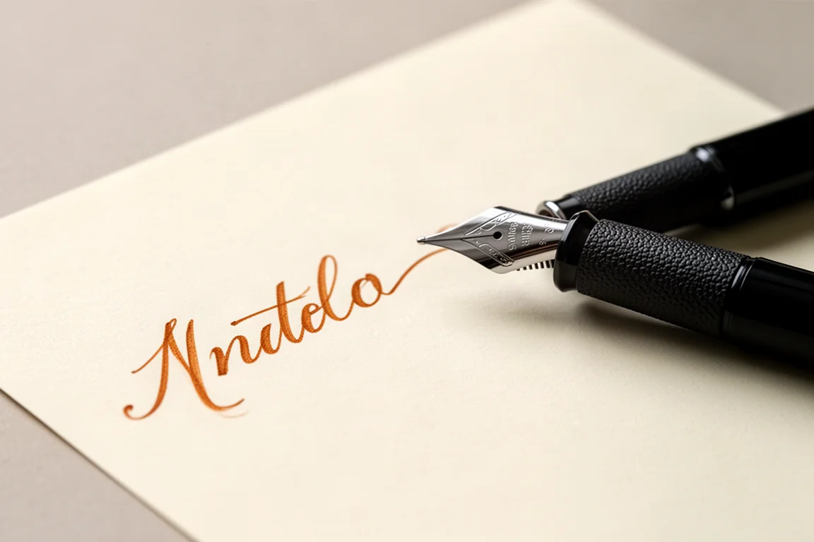 Sezione della penna stilografica e pennino nero accanto a un campione di scrittura su carta avorio