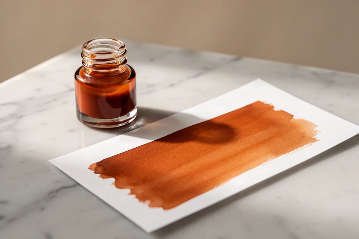 Campione di inchiostro arancio bruciato e flacone su una superficie di marmo