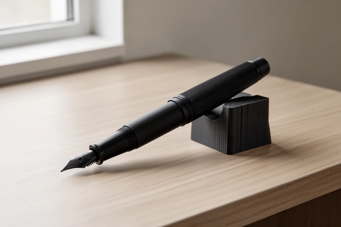 Black 3D printed fountain pen with grooved barrel beside a small pen stand on a wood desk