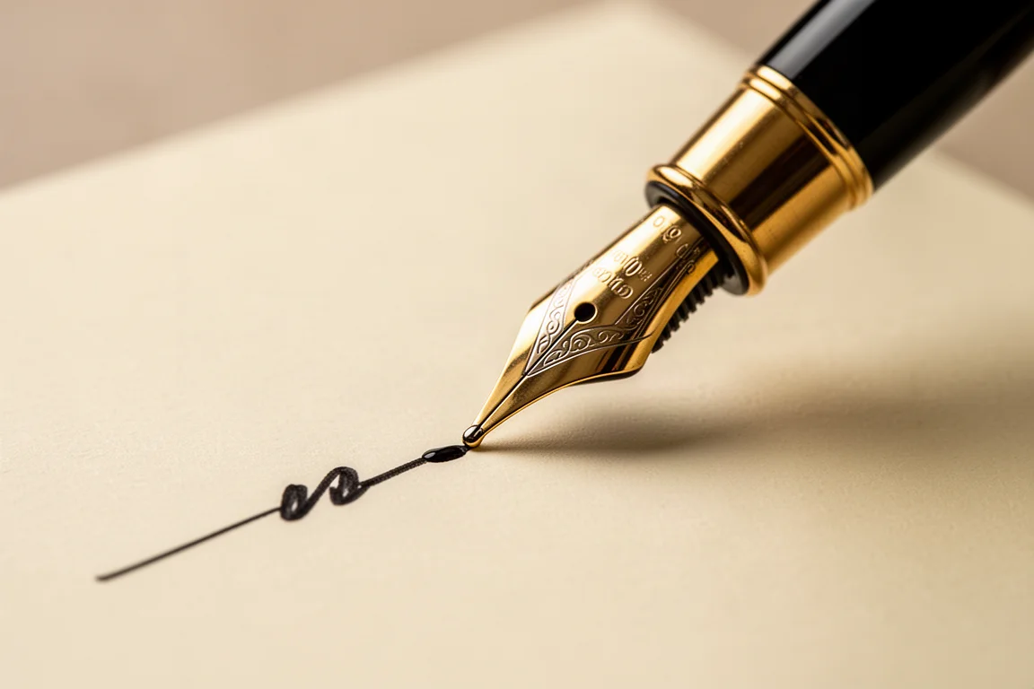 Penna stilografica che scrive un tratto d'inchiostro fluido su carta bianca
