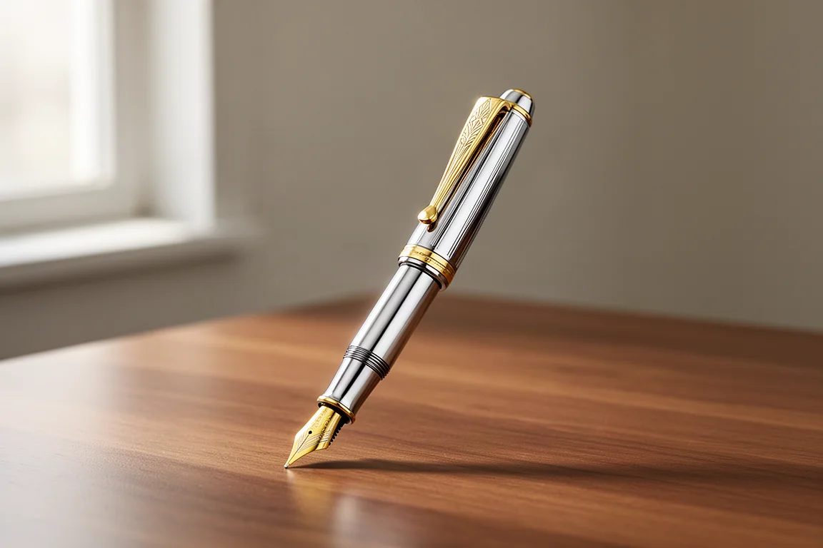 Three compact fountain pens in chrome, brass and black lacquer finishes on a concrete surface