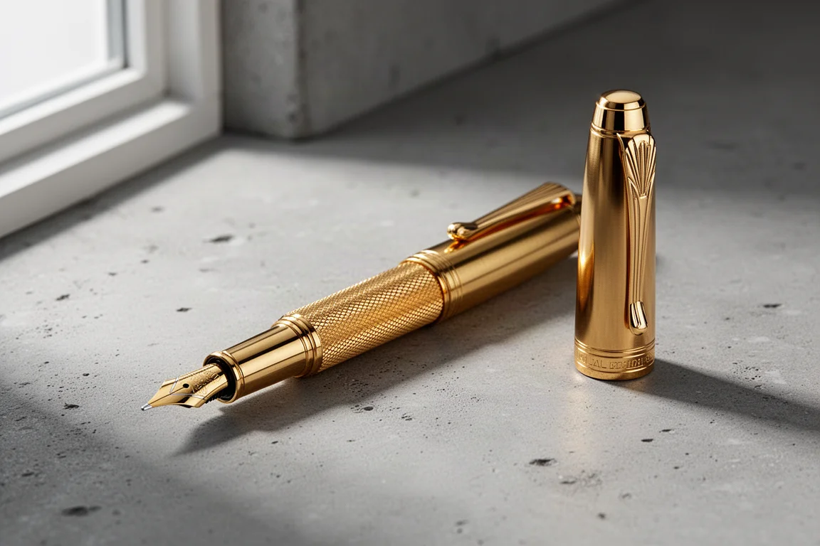 Compact gold-finished brass fountain pen on a matte concrete surface