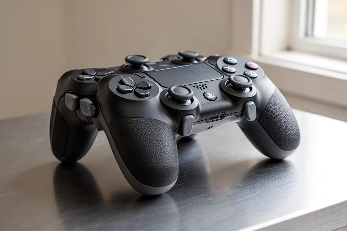 マットブラックの表面に一列に並べられた4つのプレミアムPS5コントローラー