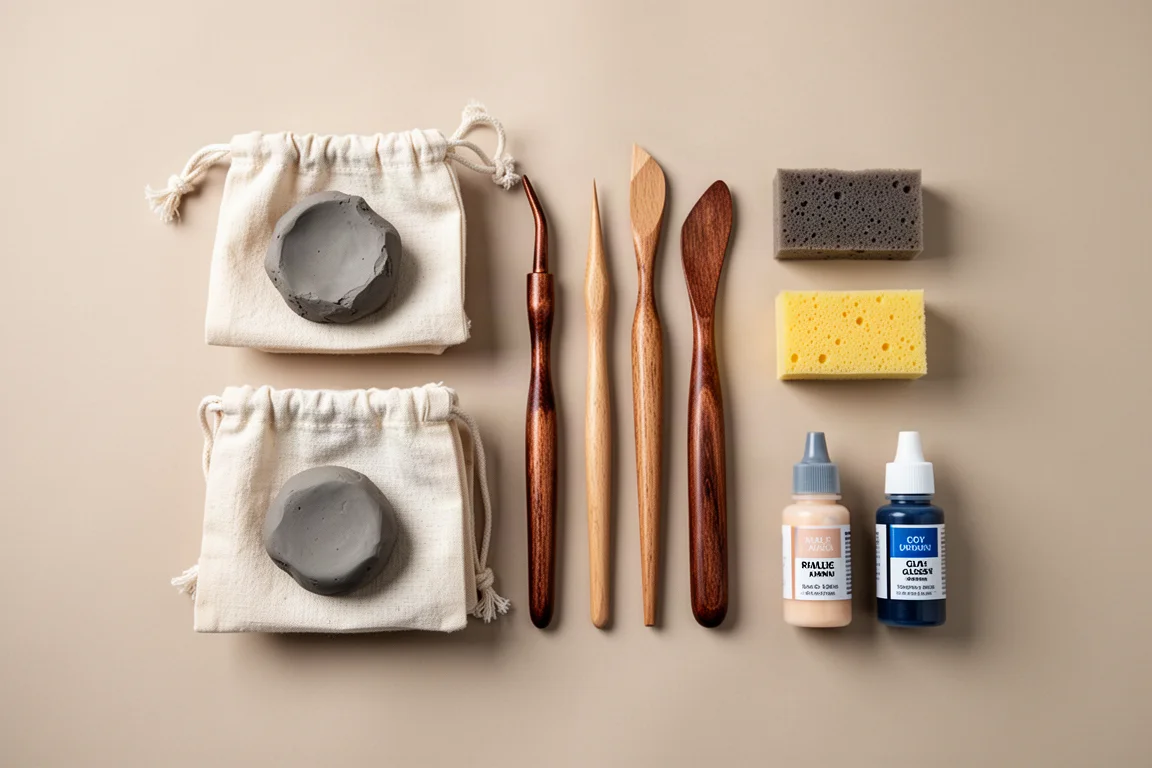 Uitgelegde inhoud van een potterijkit met zakken klei, gereedschappen, een spons en flesjes