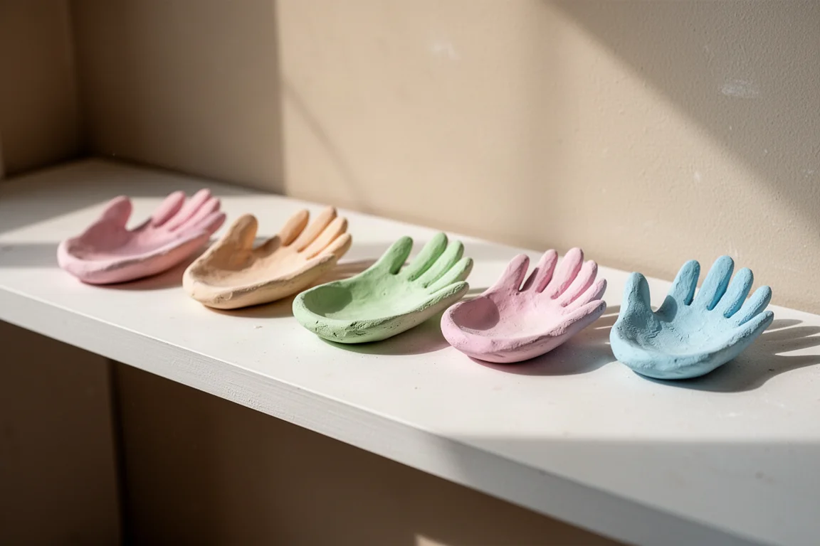 Pastelkleurig geverfde kleischaaltjes drogen op een witte plank