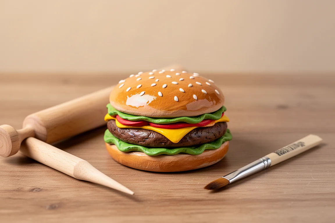 Handgeschilderde klei-onderzetter in de vorm van een hamburger op een houten tafel naast potterijgereedschap