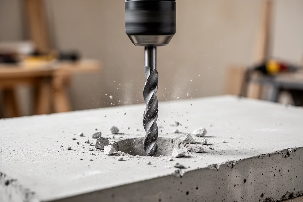 SDS Plus rotary hammer drilling a hole into a concrete slab with dust flying