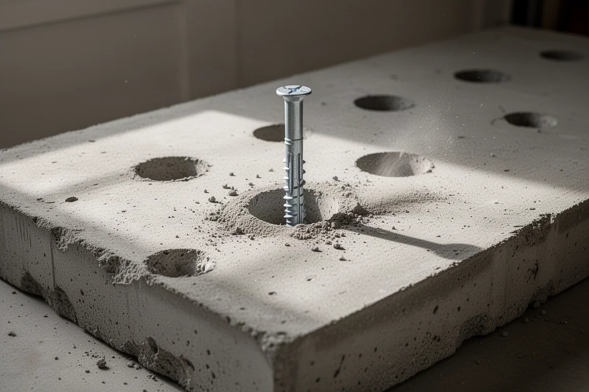 Anchor being set into a freshly drilled hole in an old concrete garage slab