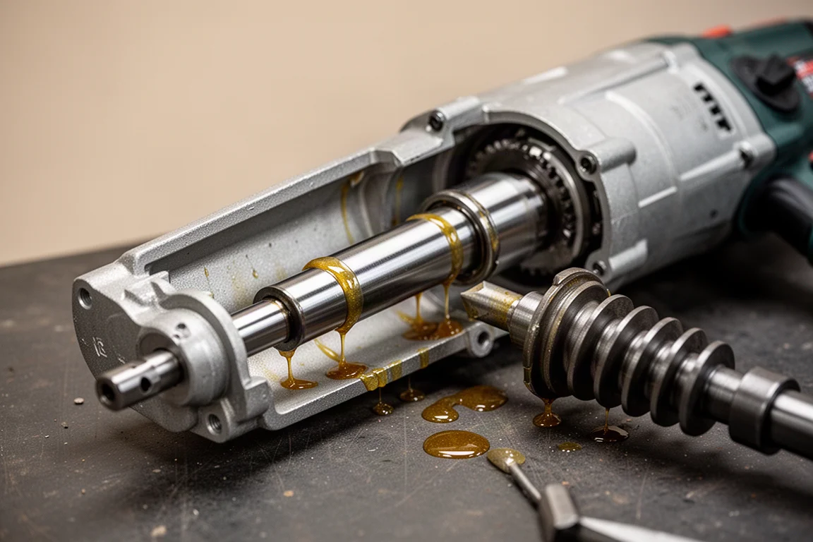 Teardown view of an SDS rotary hammer showing internal piston and air cylinder