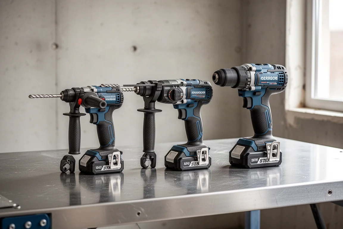 Two rotary hammers and a hammer drill driver side by side on a workbench