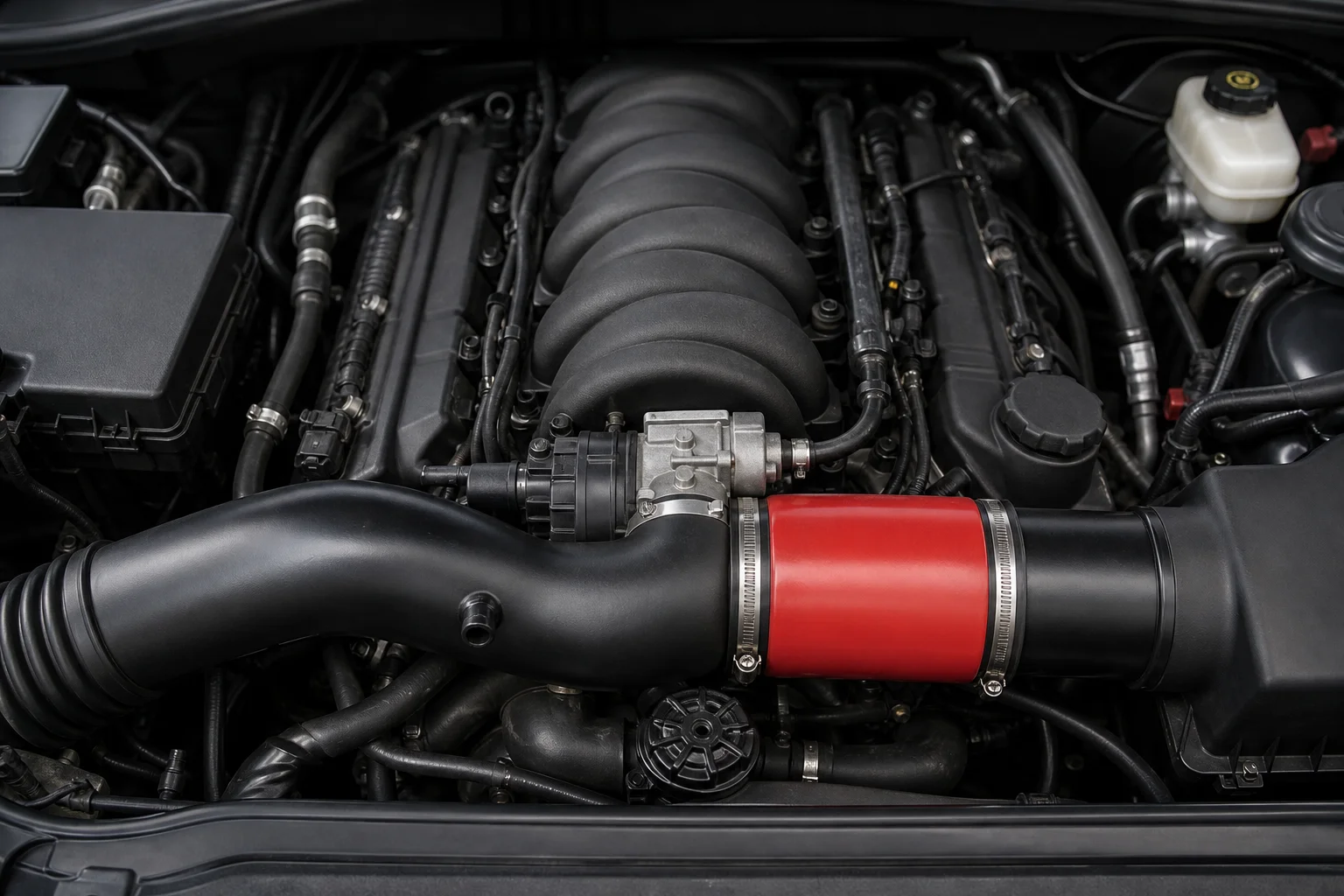 Collettore di aspirazione del motore con il tubo rosso Sea Foam installato