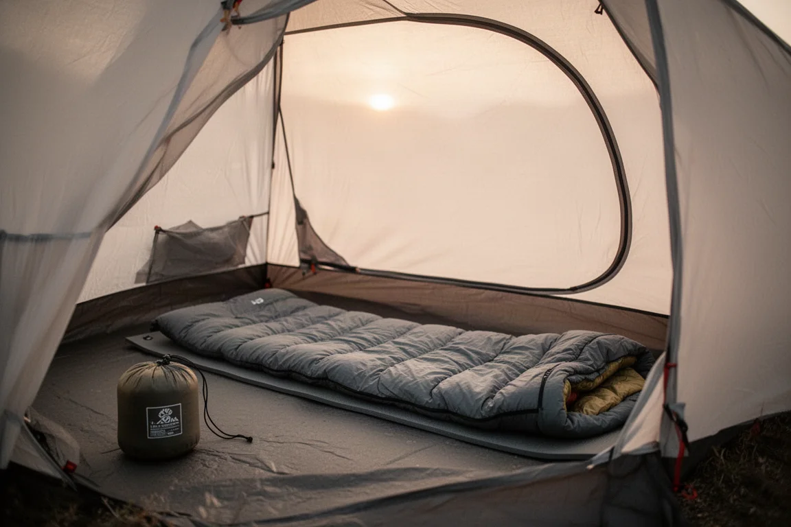 Camping-Schlafplatz im Zelt bei Morgengrauen mit weichem Licht durch den Stoff