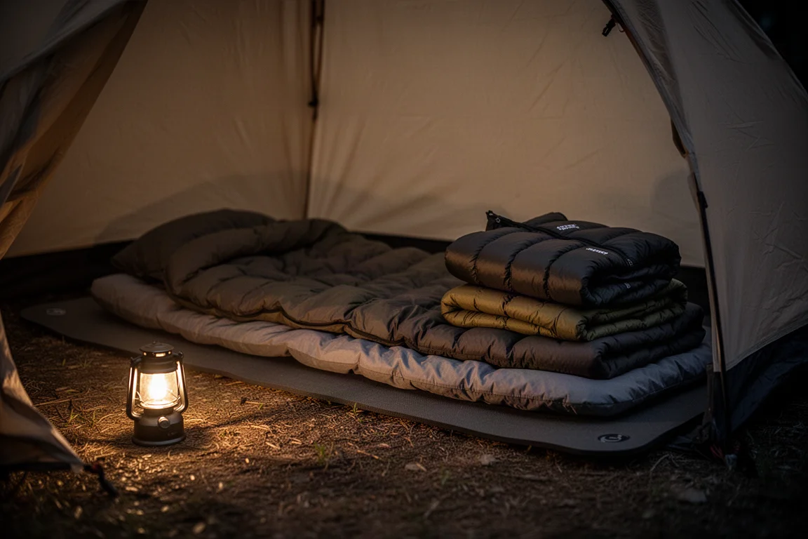 Schlafbereich am Campingplatz bei Nacht mit mehrlagiger Bettung und einer gefalteten Jacke