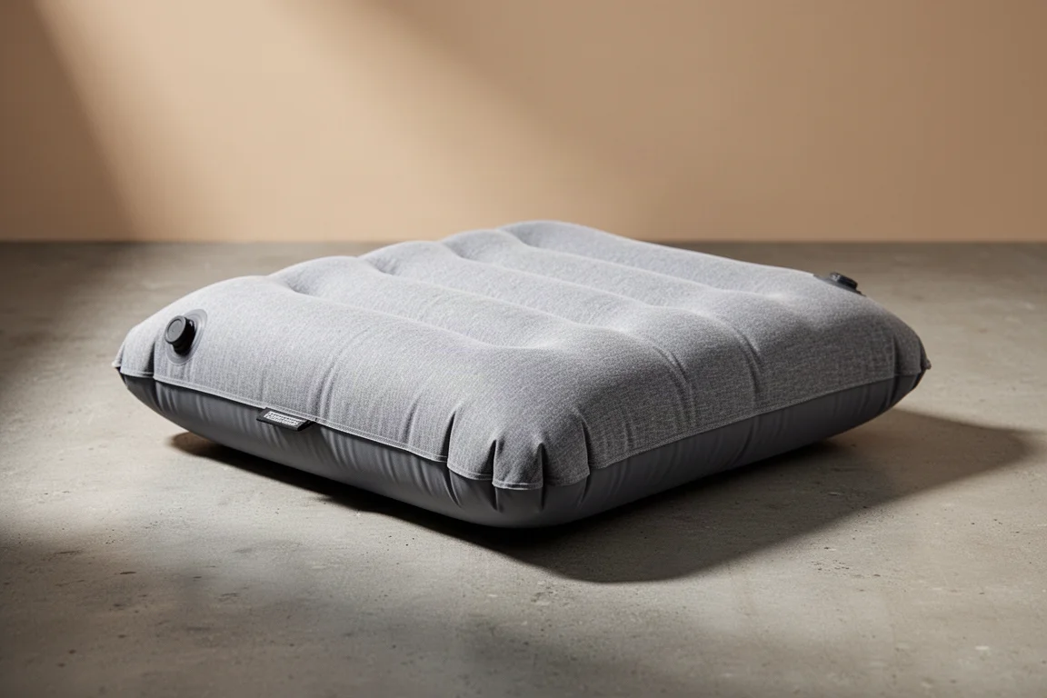 Compact ultralight inflatable camping pillow with grey fabric top on a concrete surface