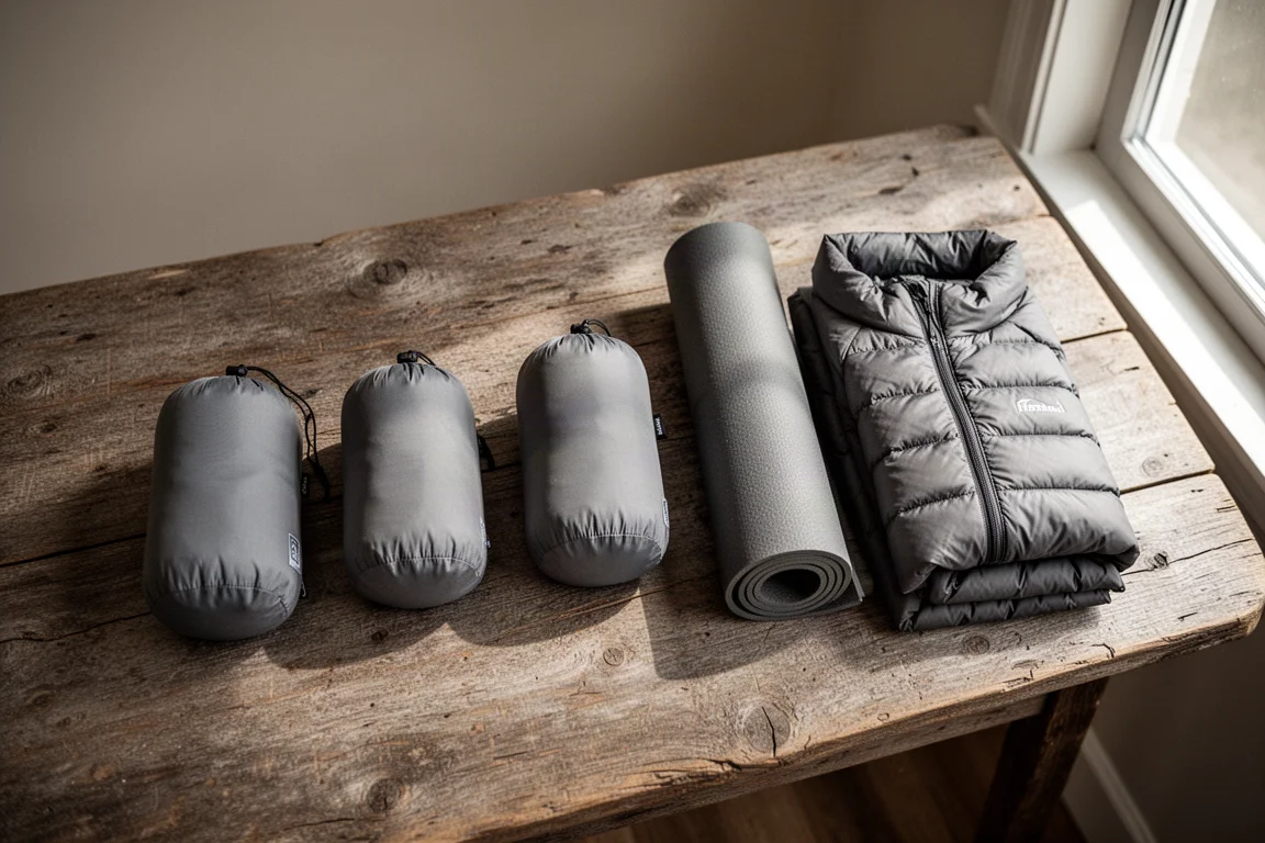 Backpacking-Ausrüstung auf einer Granitplatte ausgelegt, mit komprimiertem Kissensack