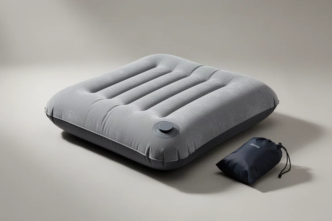 Almohada inflable ultraligera para acampar inflada junto a su bolsa de compresión sobre una superficie de hormigón