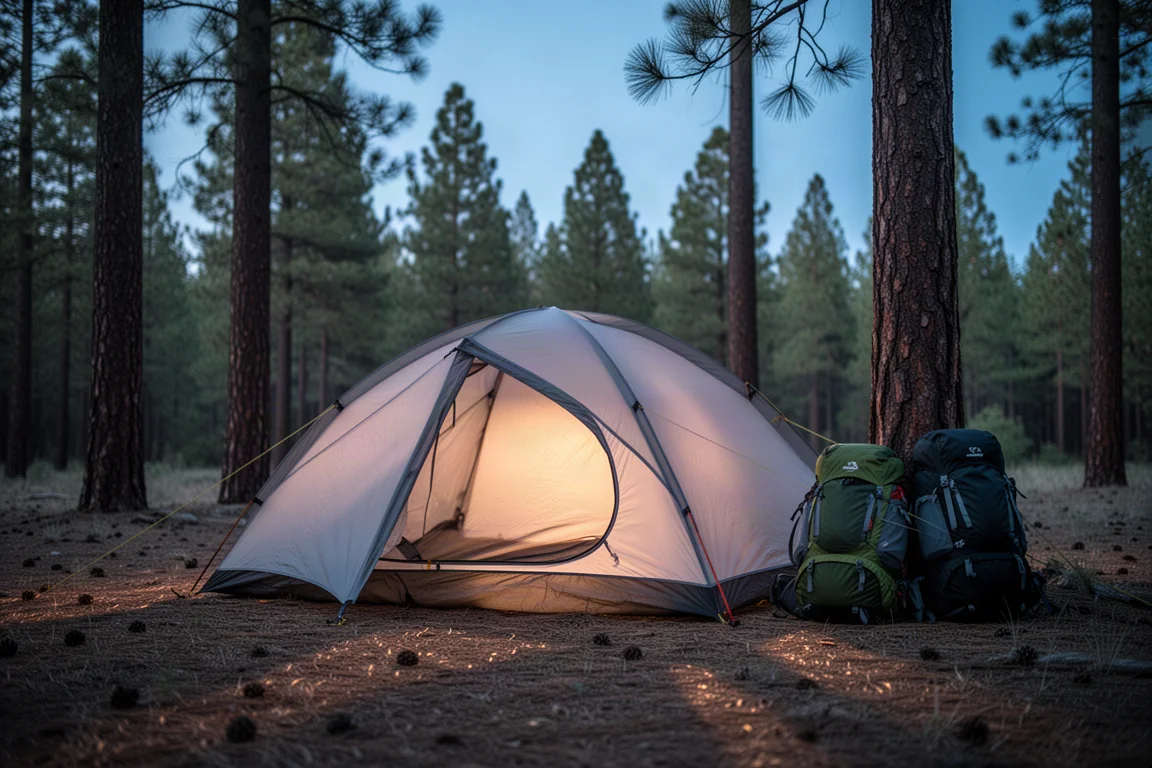 Lightweight backpacking tent glowing at dusk in a pine forest clearing with two packs nearby
