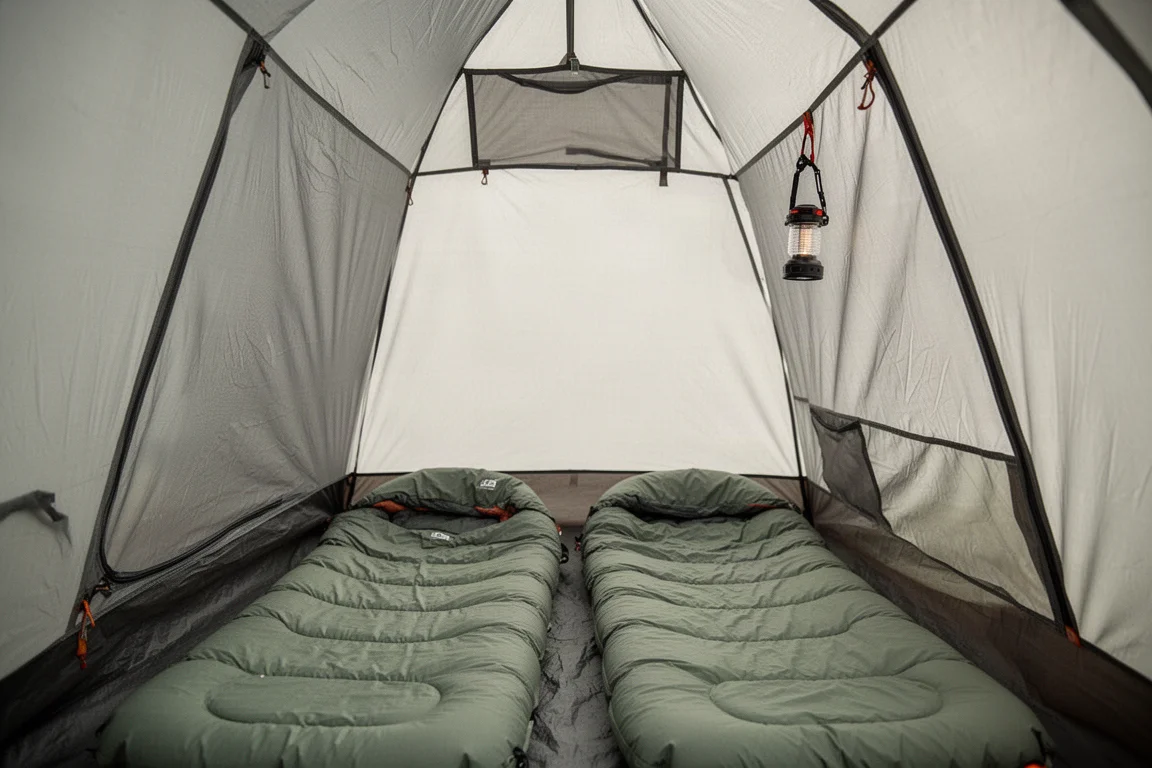 Interior of a backpacking tent with two tapered sleeping pads and a vented roof panel