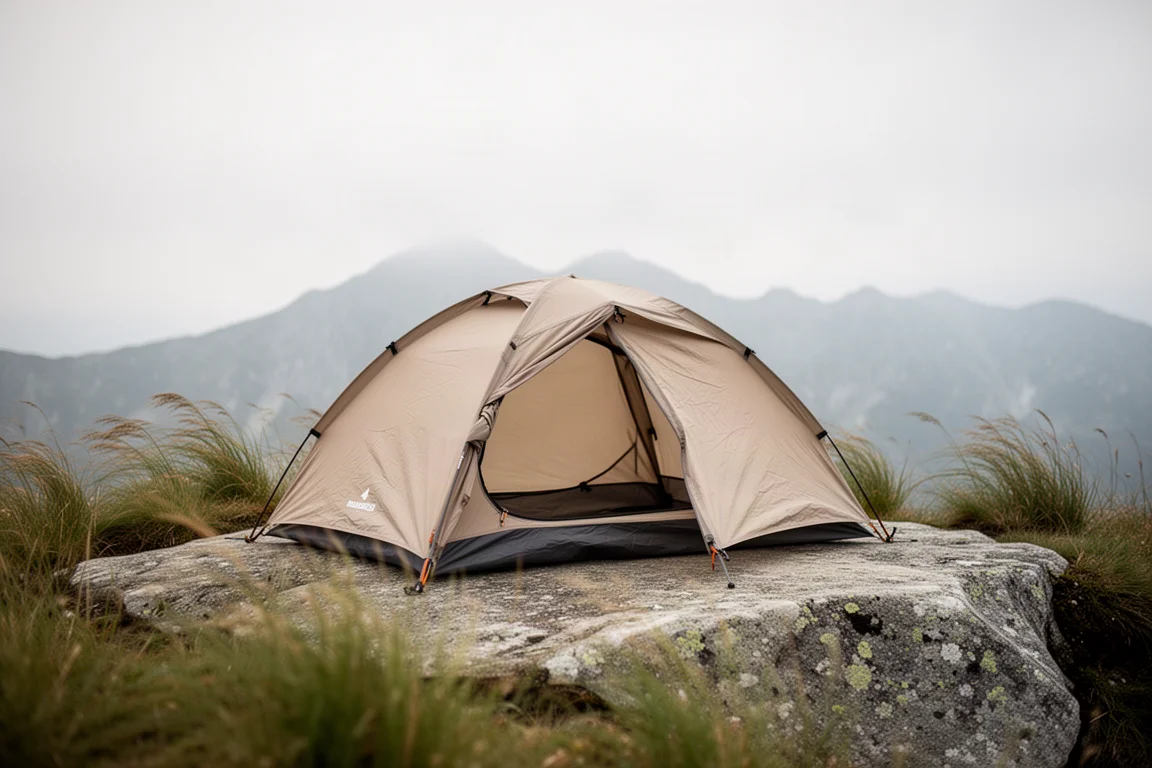 Freestanding two-person tent standing without stakes on a granite slab in alpine grass