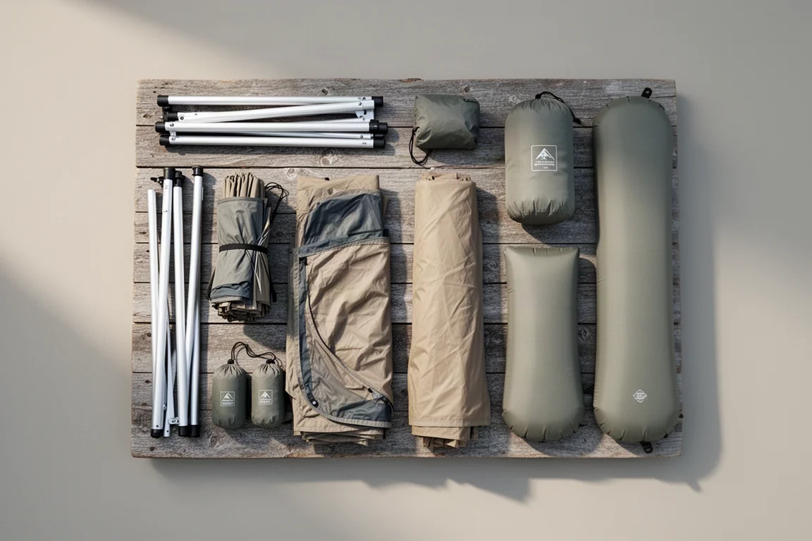 Overhead flat-lay of tent poles, rain fly, stuff sacks, and two tapered sleeping pads