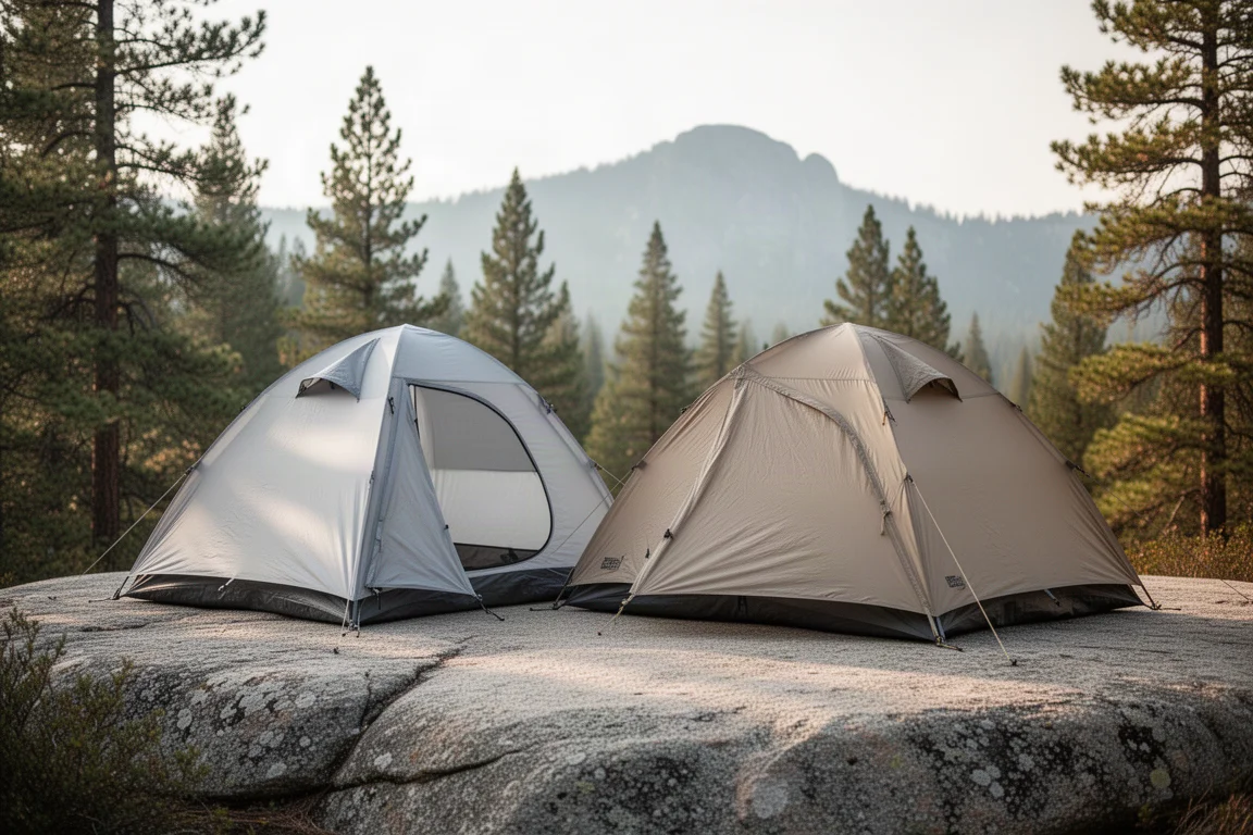 Two lightweight backpacking tents pitched side by side on granite at a forest edge
