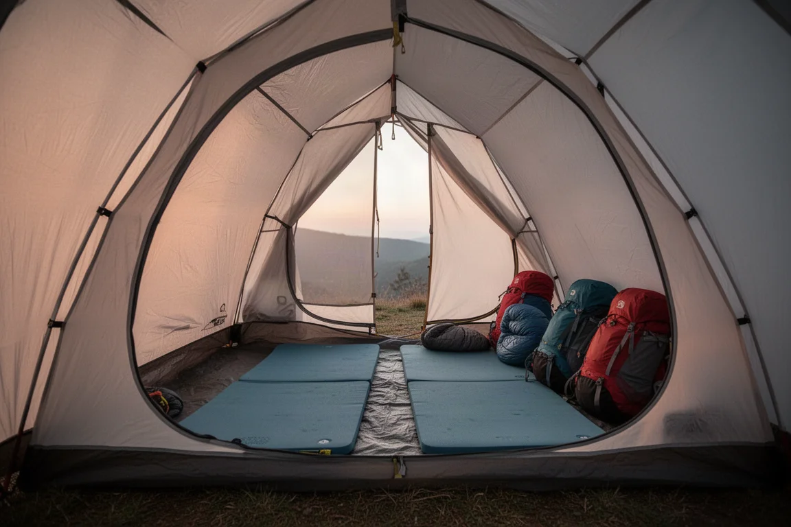 Interno di una tenda da due posti al crepuscolo con stuoia e zaini all'interno