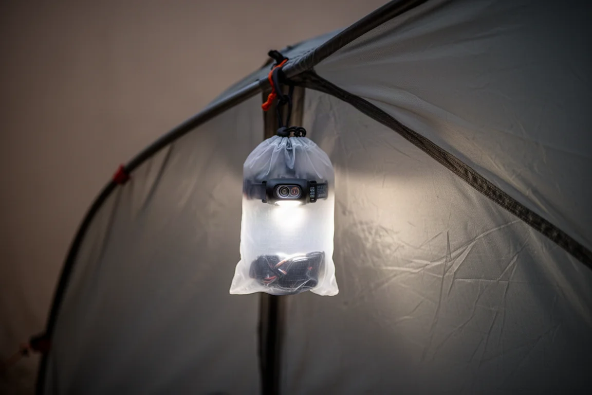 Lampada frontale che brilla dentro una sacca agganciata al colmo della tenda come luce diffusa