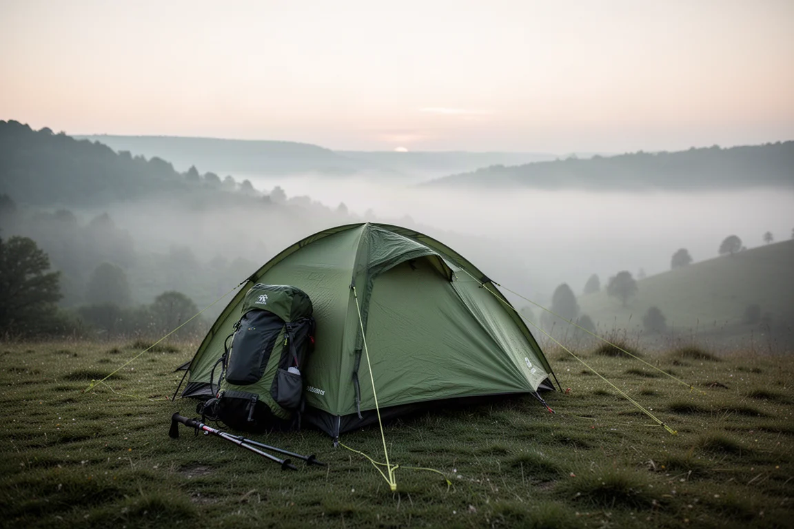 Tenda leggera montata su un pendio nebbioso all'alba con bastoncini da trekking nelle vicinanze