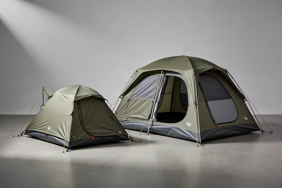 Two lightweight backpacking tents pitched side by side on a neutral grey backdrop