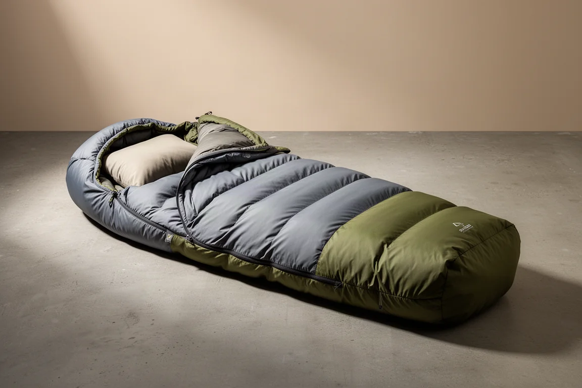 Down sleeping bag with relaxed mummy cut shown at a three-quarter angle on concrete