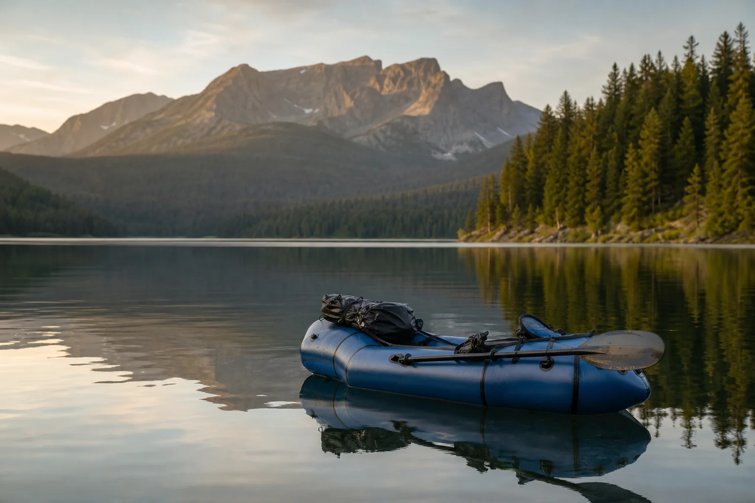 Packraft på lugnt vatten med berg i bakgrunden