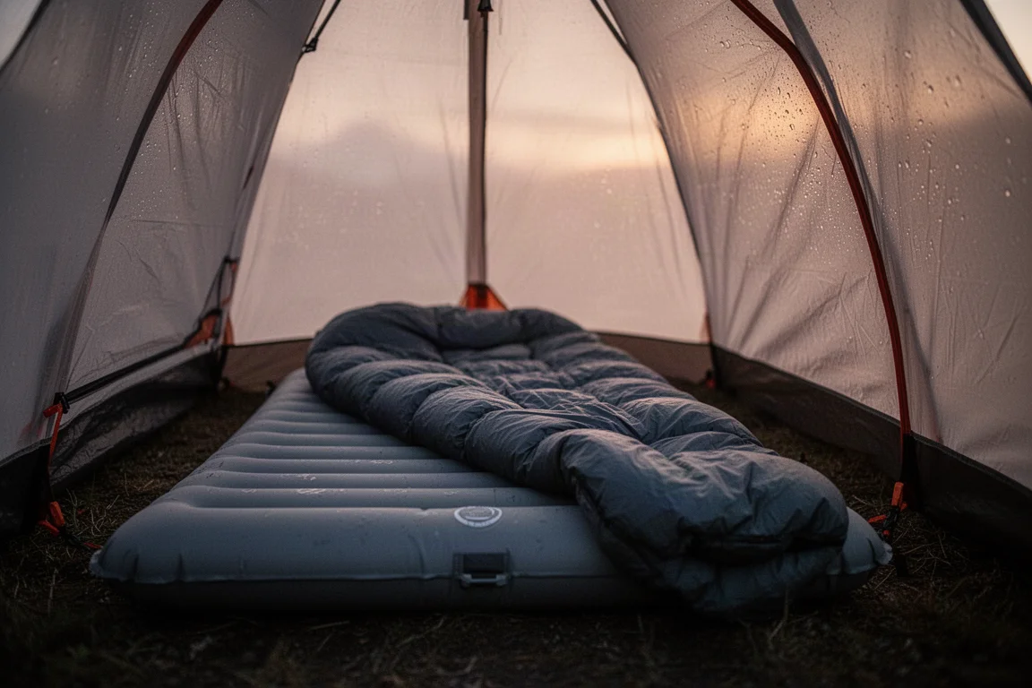 Intérieur d'une tente éclairée au crépuscule avec un matelas gonflable gonflé et un sac de couchage disposés