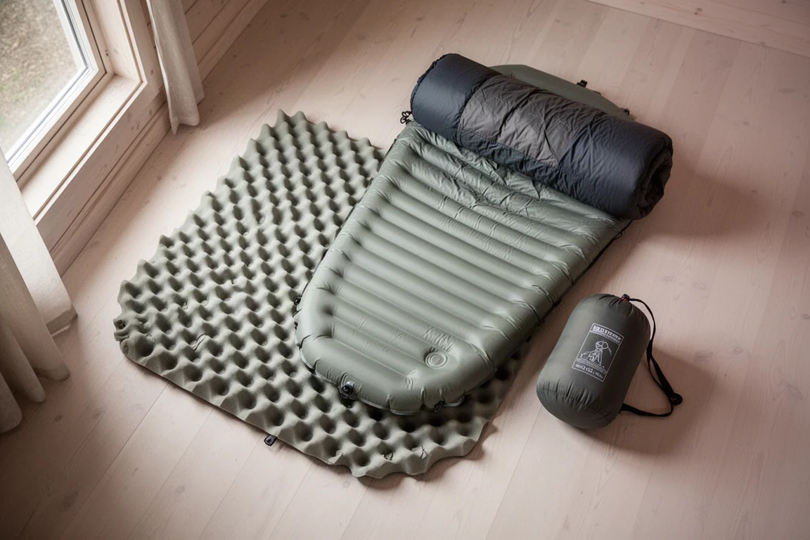 Vue à plat d'un tapis en mousse superposé sous un matelas gonflable sur un sol en bois