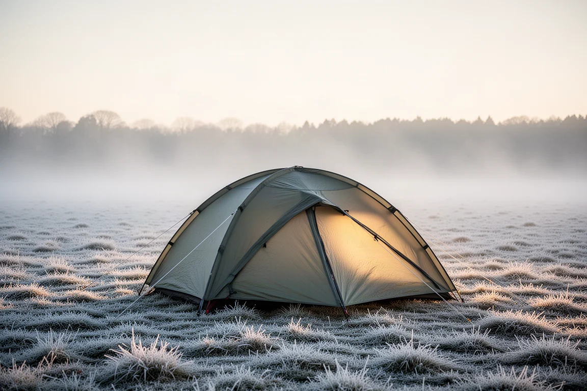 Tente installée sur un sol couvert de givre au lever du soleil avec de la brume froide autour