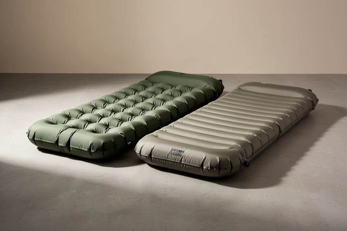 Two inflatable camping sleeping pads laid side by side on a concrete floor