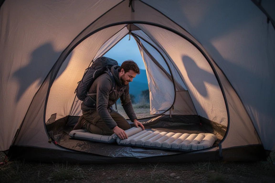 Backpacker che srotola uno sleeping pad gonfiabile dentro una tenda al crepuscolo