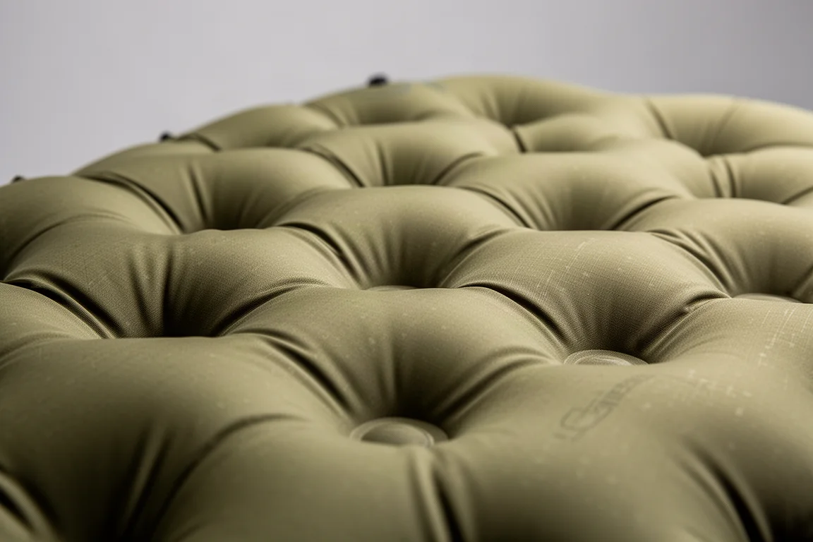 Primo piano della superficie trapuntata a bugne dei baffle su uno sleeping pad gonfiato