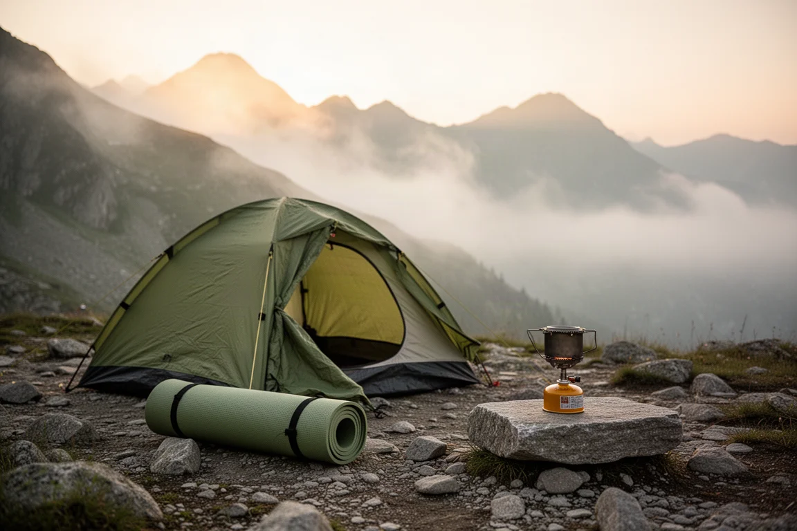 Fornelletto da campeggio e sleeping pad accanto a una tenda in un campeggio di montagna all'alba
