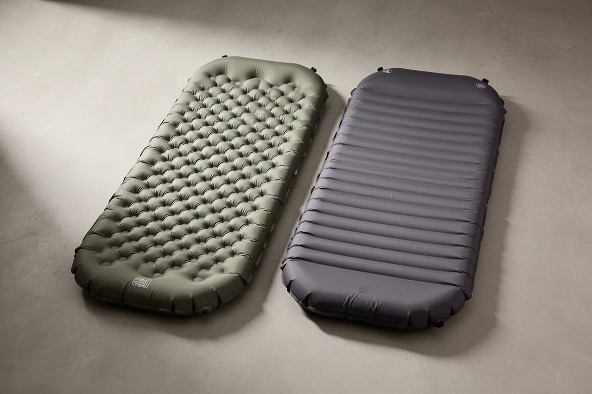 Two inflatable backpacking sleeping pads side by side on a concrete surface