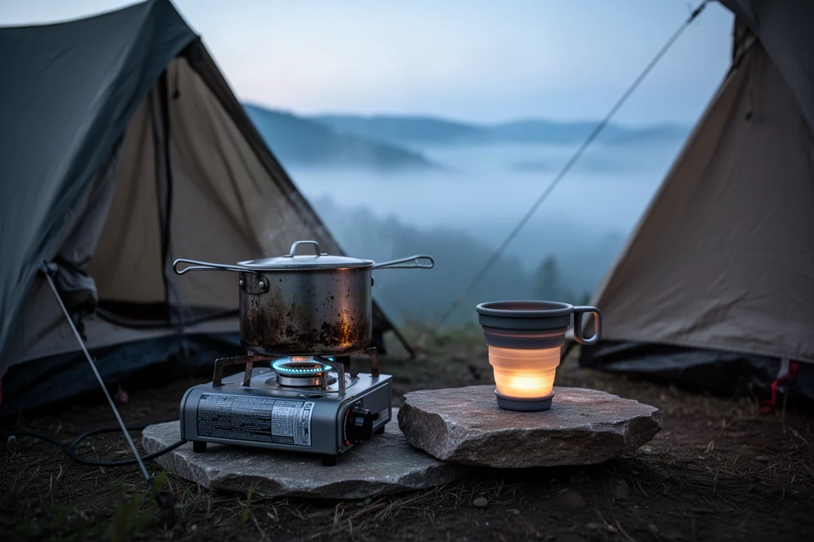 Cozinha de acampamento com fogareiro, panela e caneca ao lado de uma barraca em amanhecer enevoado